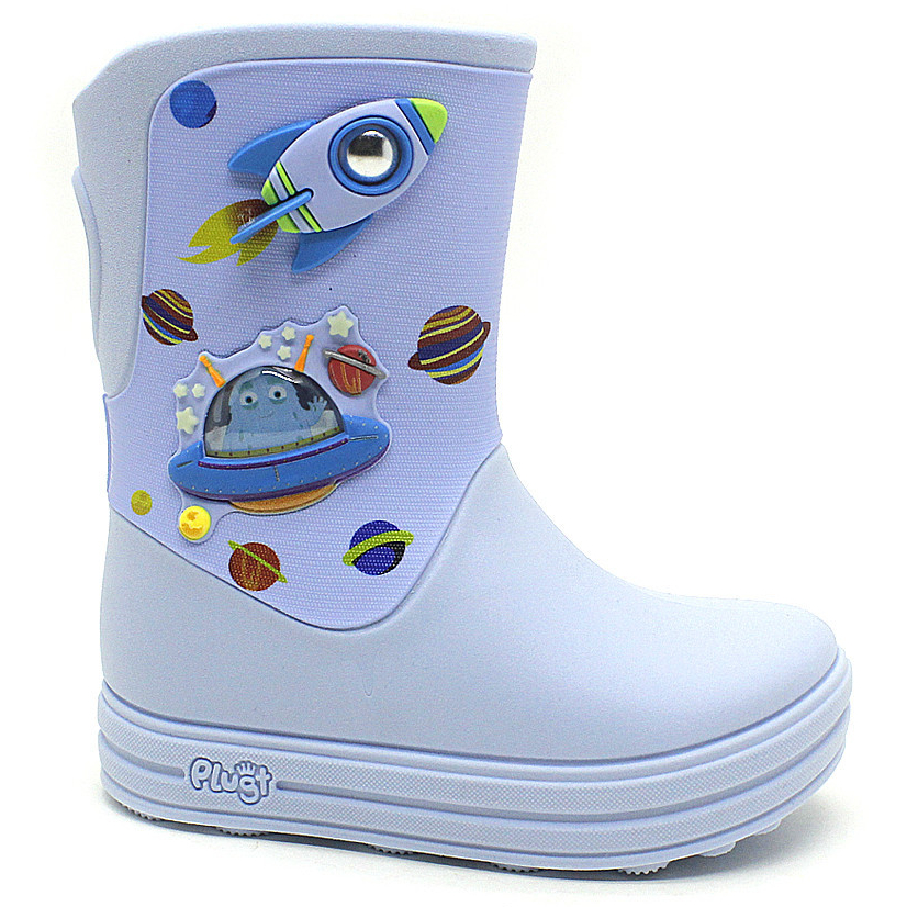 Bota Galocha Infantil Plugt Divertida Foguete Espacial Brilha No Escuro Azul Promoção