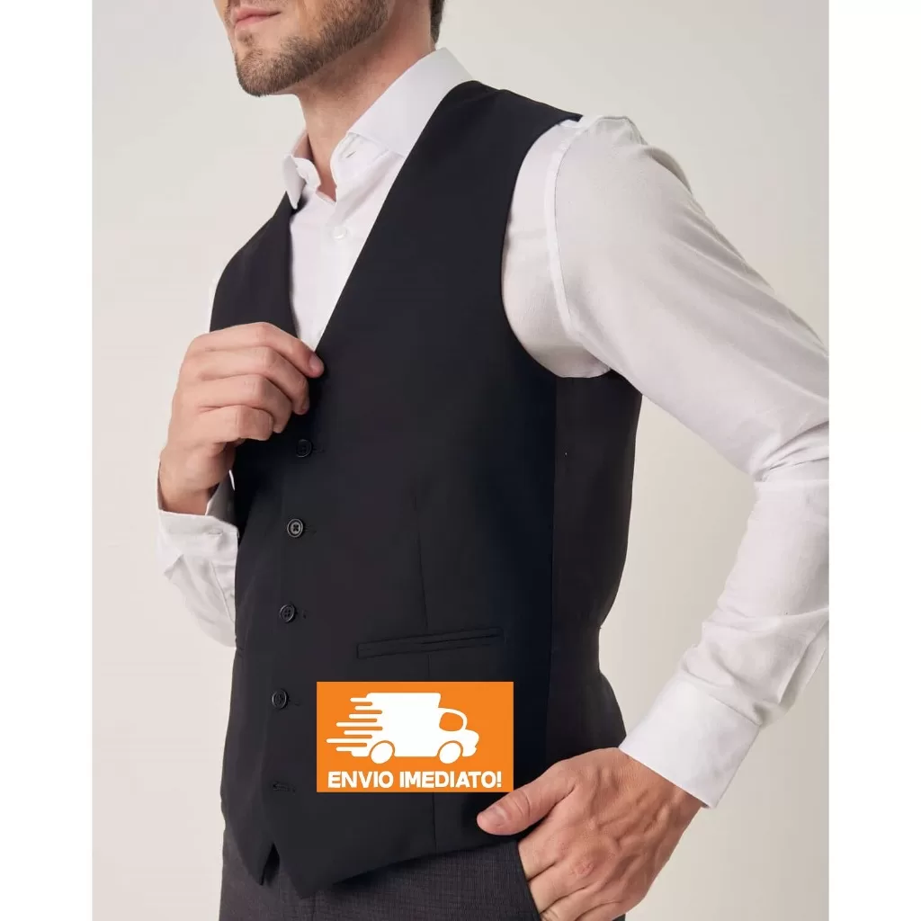 Colete Social Slim Masculino Preto 5 Botões Tecido Oxford Premium