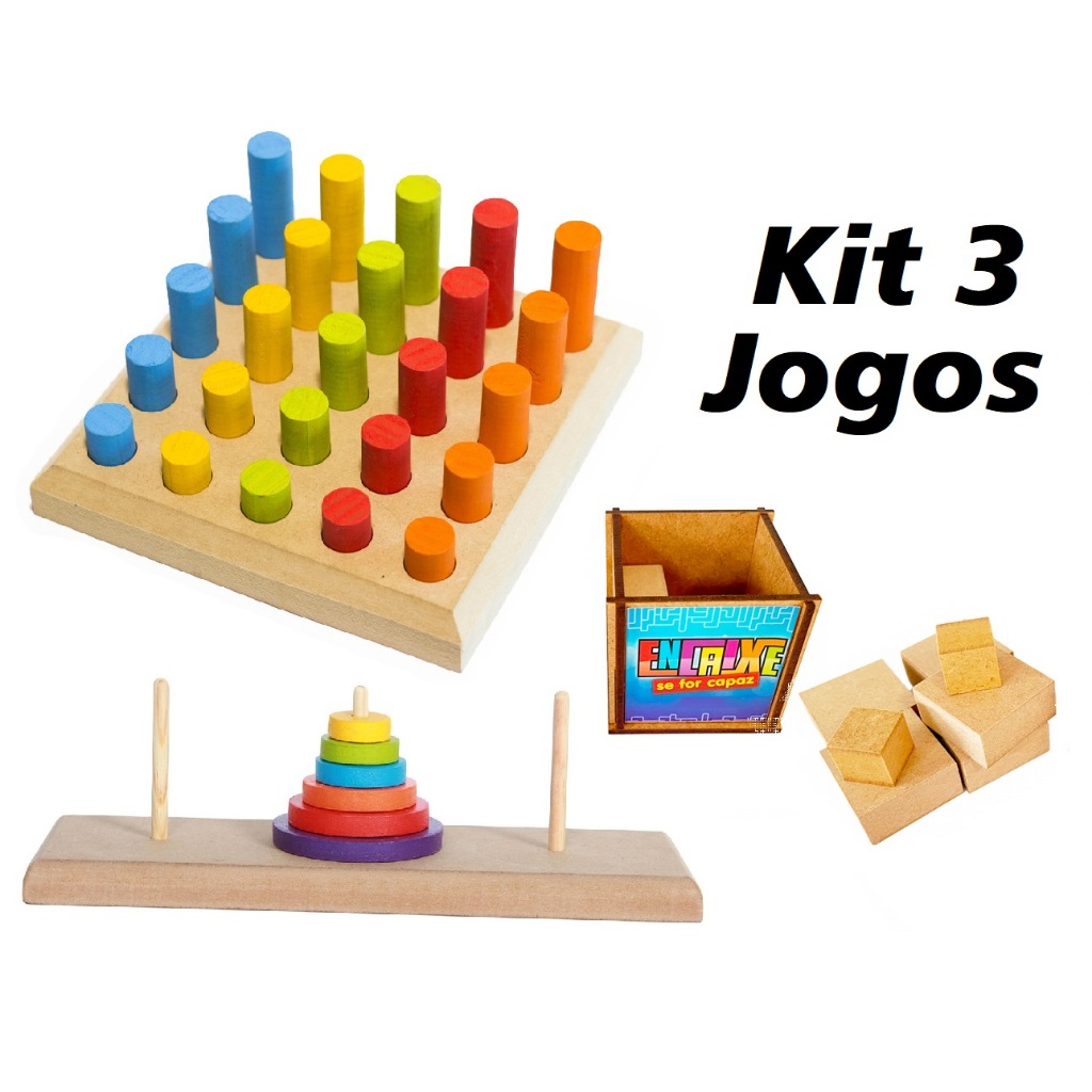 Kit 3 Brinquedos TORRE DE HANÓI + PINOS DE ENCAIXE + ENCAIXE SE FOR CAPAZ em Madeira e EVA