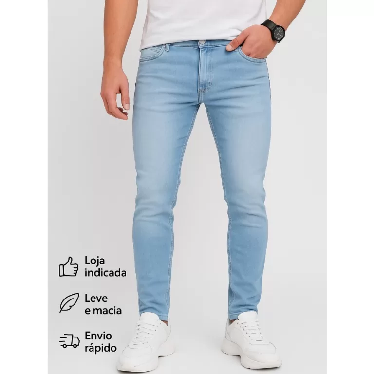 Calça jeans skinny masculina, em denim azul claro