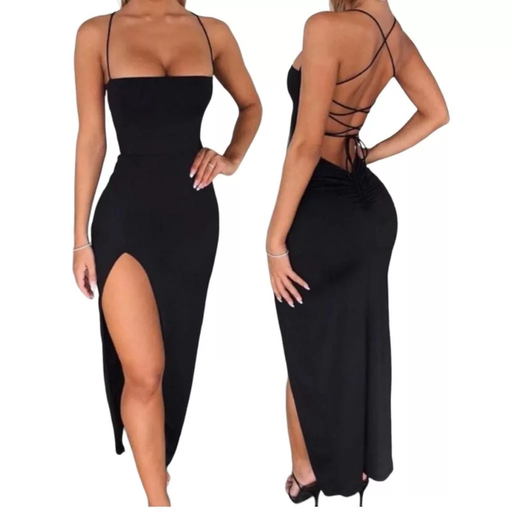 Vestido Longo elegante com costas nuas trançadas Fenda Lateral Empina Bumbum Colado P M G GG