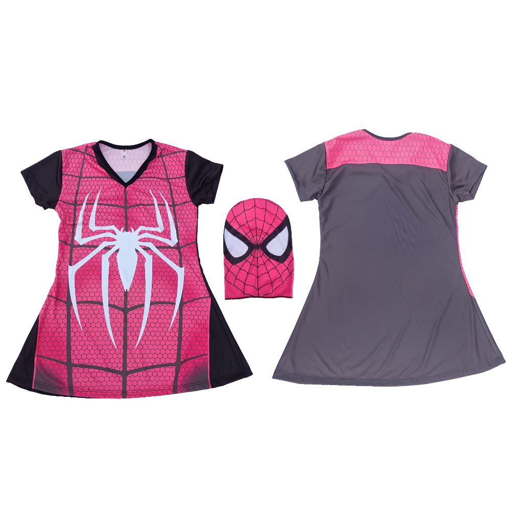 Vestido Menina Infantil Tematico Simples Basico Mulher Aranha com mascara de Tecido