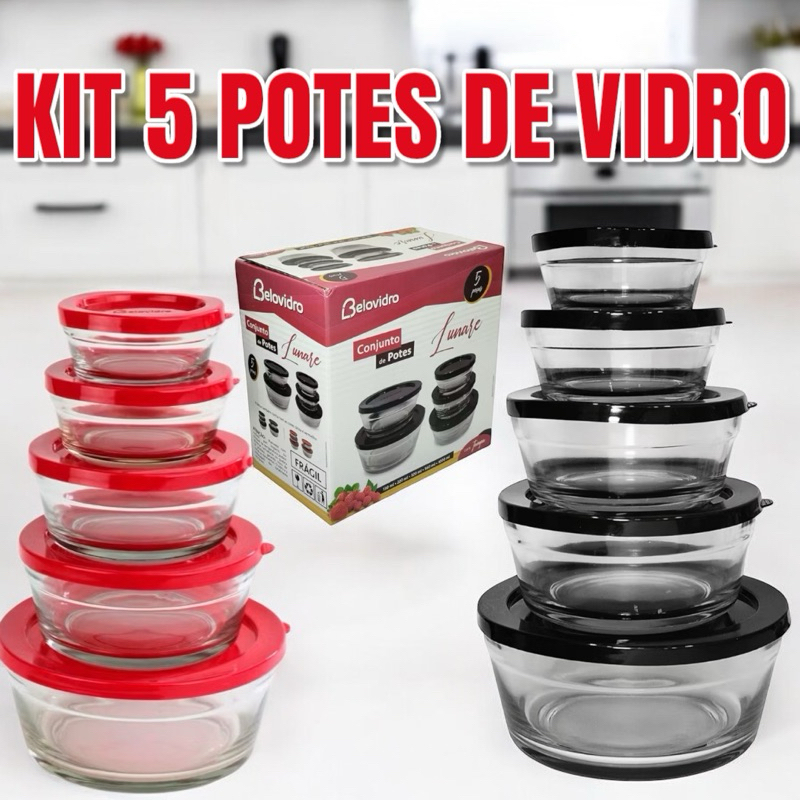Kit Conjunto 5 Tigelas de Vidro com Vedação Hermética Resistente Não Vaza Cozinha Multiuso