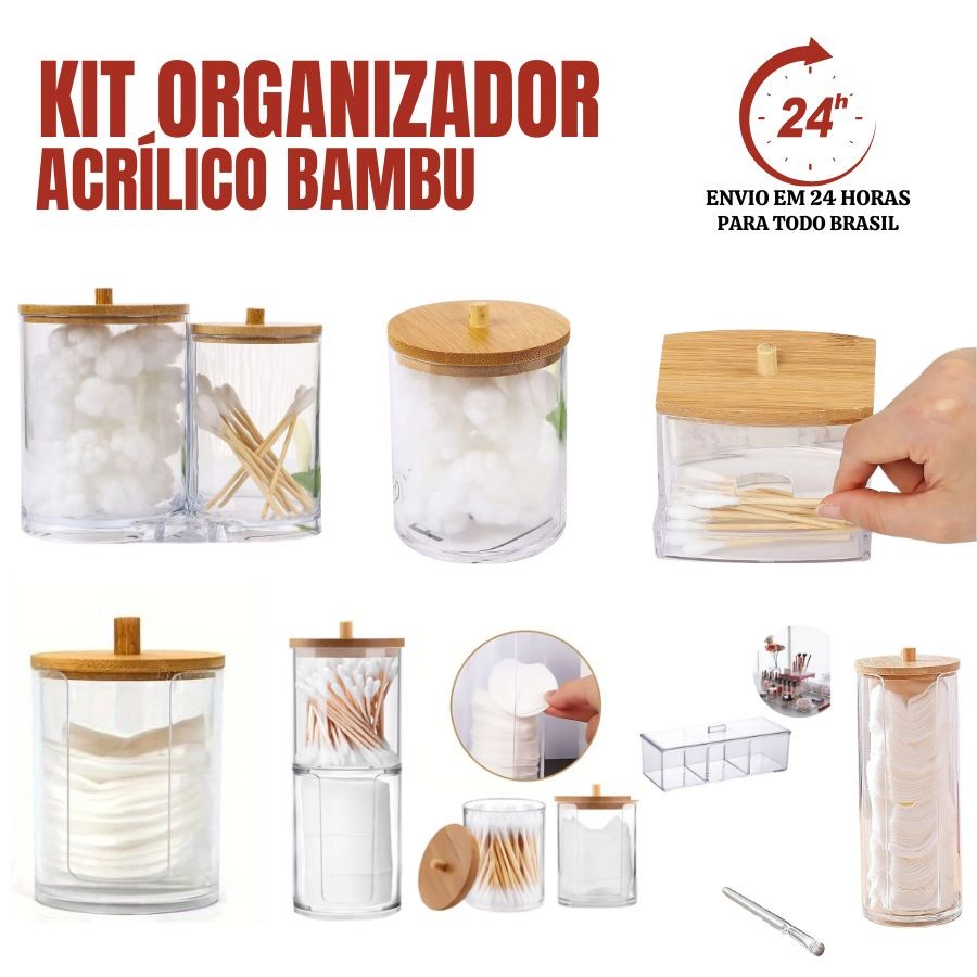 Organizadores de Cosméticos Acrílico Porta Algodão Cotonete tampa Bambu