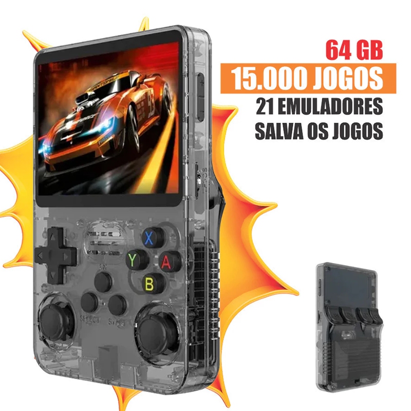 Console portátil R36S a pronta entrega tela IPS 3.5 polegadas 64g Linux + de 15000 jogos vídeo game