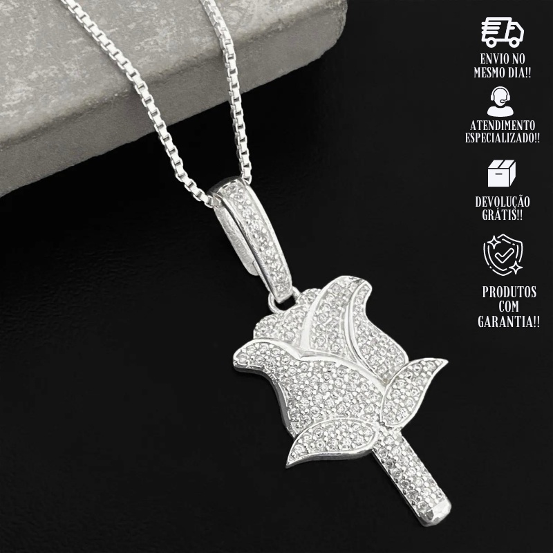 Pingente ICED de Prata 925 Rosa Cravejada Estiloso Banhado