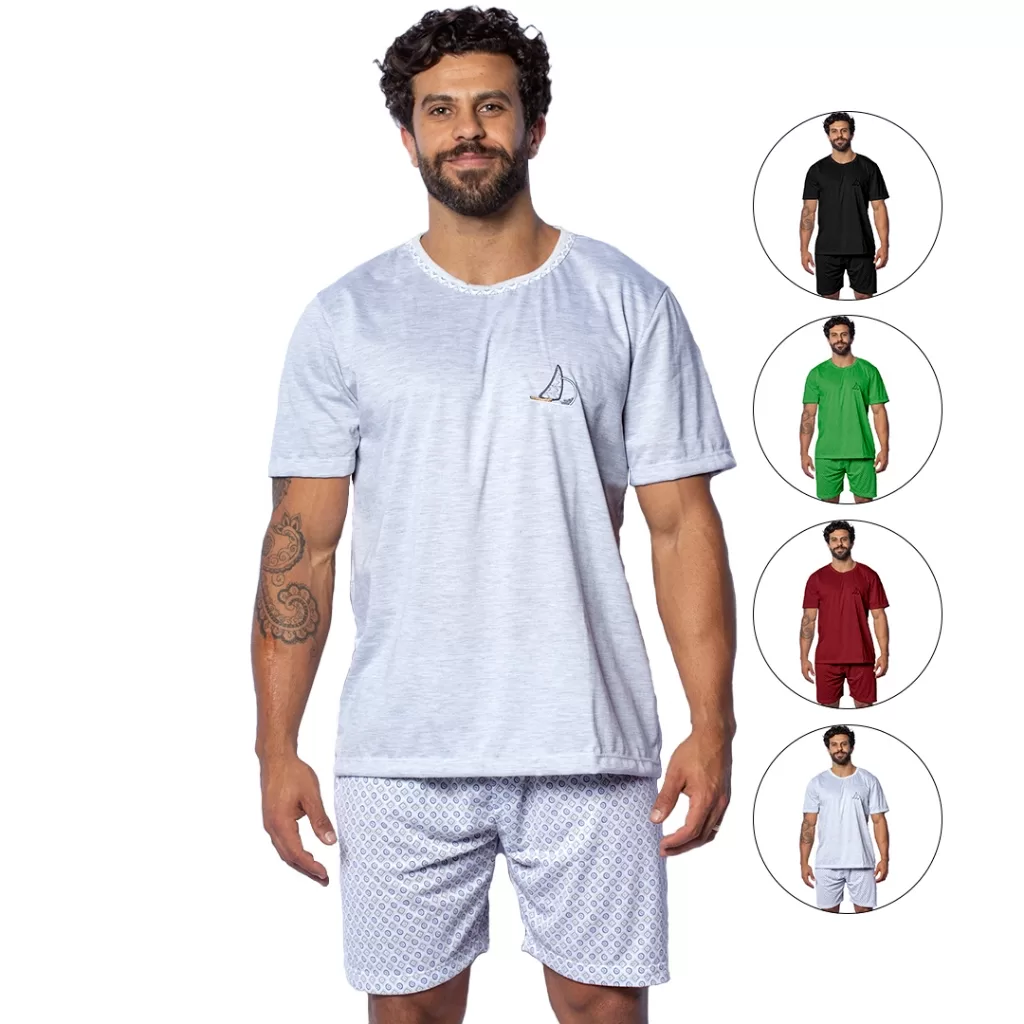 Kit 2 Pijamas de Malha Masculinos Manga Curta Elegante em Cores Diversificadas Poliéster Confortável