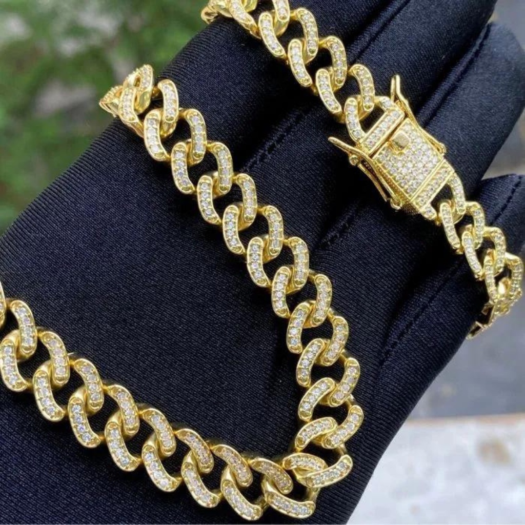 Cordão de Ouro 18k Cuban Link Grumet 45cm Craveja em Zircônia Suiça Banhada a Ouro