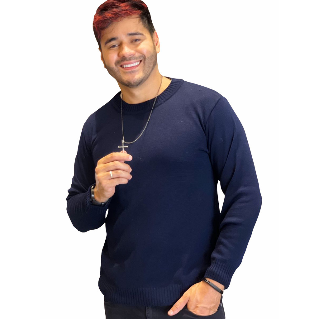 Moda Masculina Blusa de Frio Inverno Trico Gola Redonda