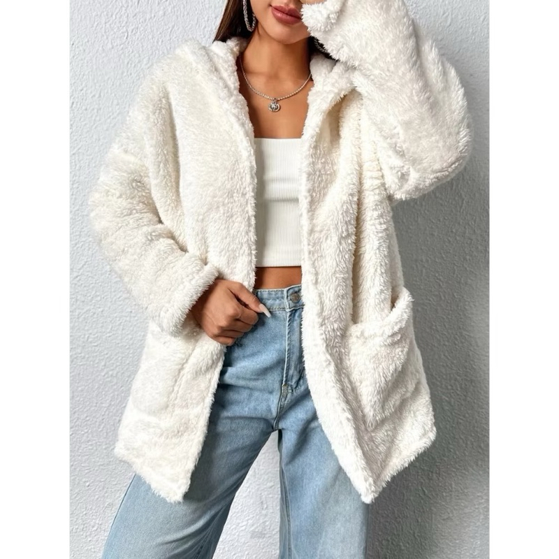 Max Casaco Teddy Pelo Quentinho Com Touca SobreTudo Blusão Lã Jaqueta Capuz e Bolso