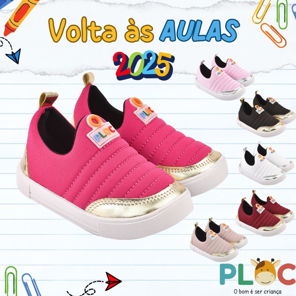 Tênis Ploc Street Calce Fácil Slip On Flat Anatômico Pink com Dourado infantil