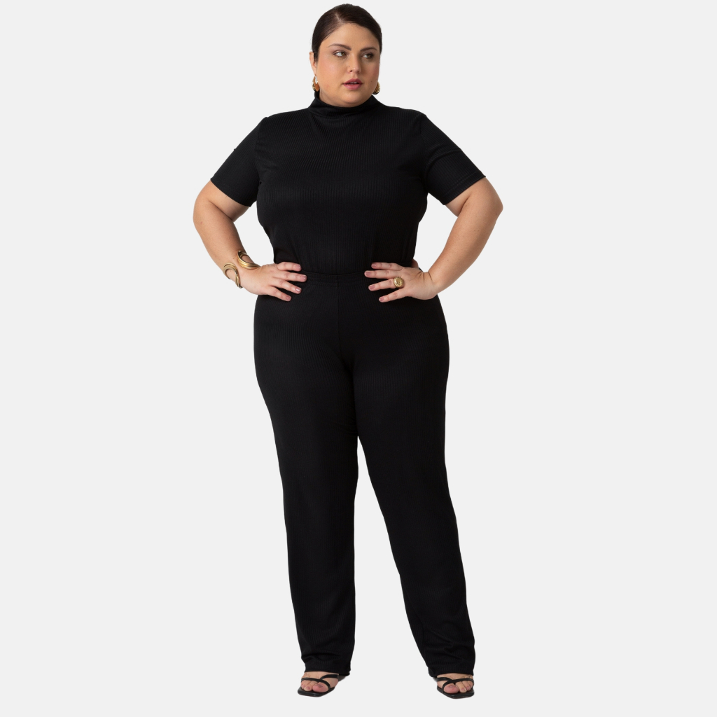 Conjunto Calça e Blusa Canelada Gola Alta Manga Curta Moderna Casual 1210-103734