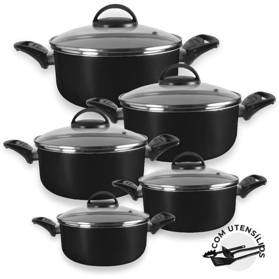 Jogo de Panelas Antiaderente 5 Peças com Tampa de Vidro | Não Gruda | Cozinha Moderna
