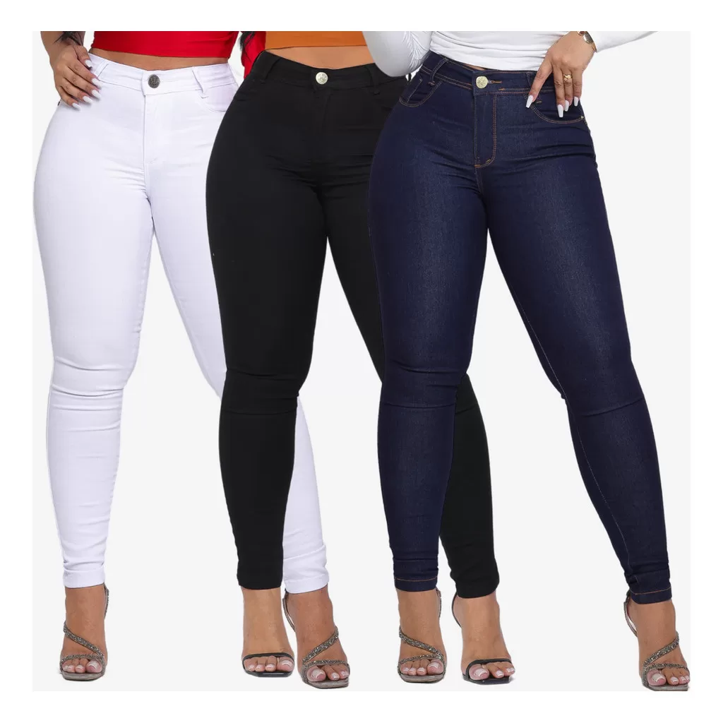 Kit 3 Calças Jeans Skinny Feminina Elastano Lycra Afina Cintura Cós Alto