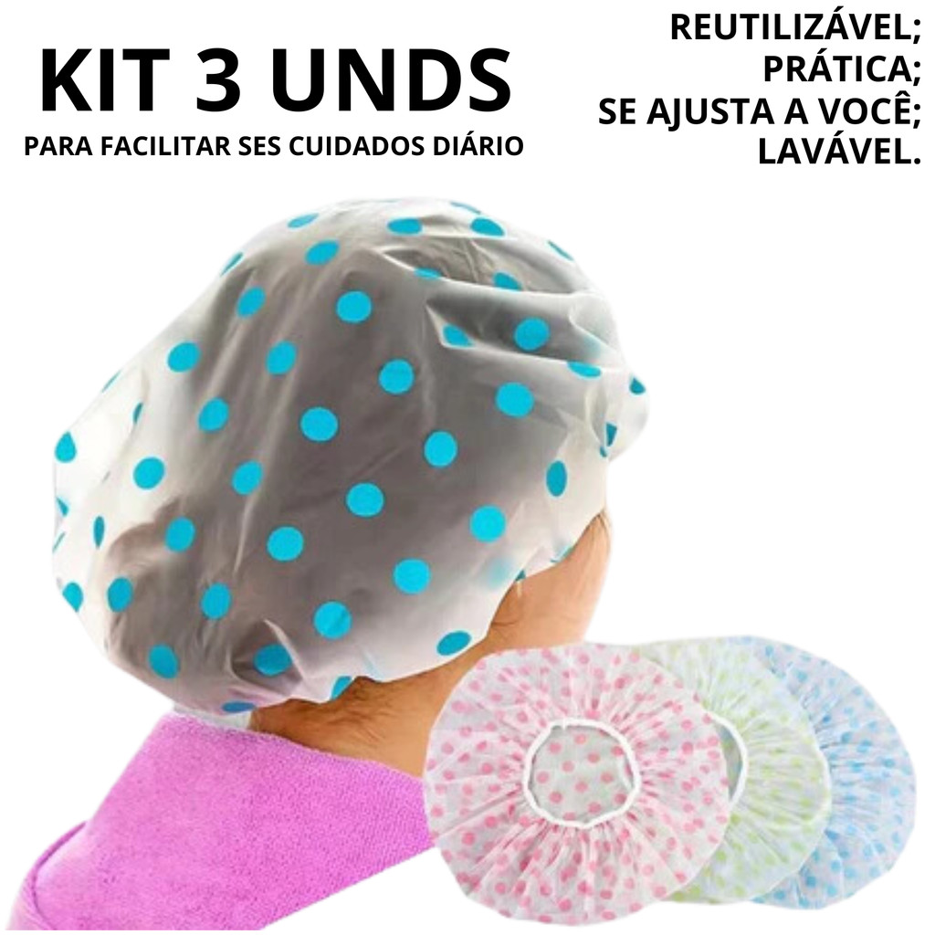 Kit 3 Toucas Para Banho Plástico Impermeável Reutilizável