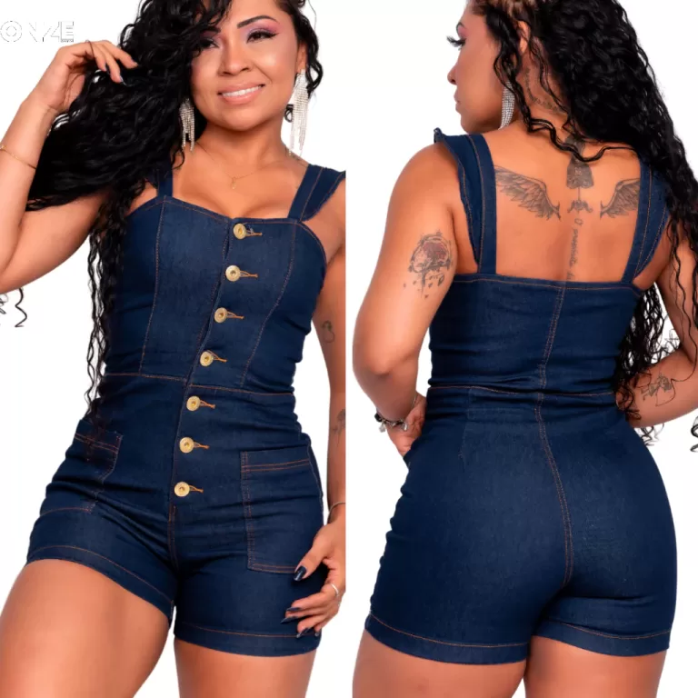 Macaquinho Jardineira Jeans De Botões Feminino Co