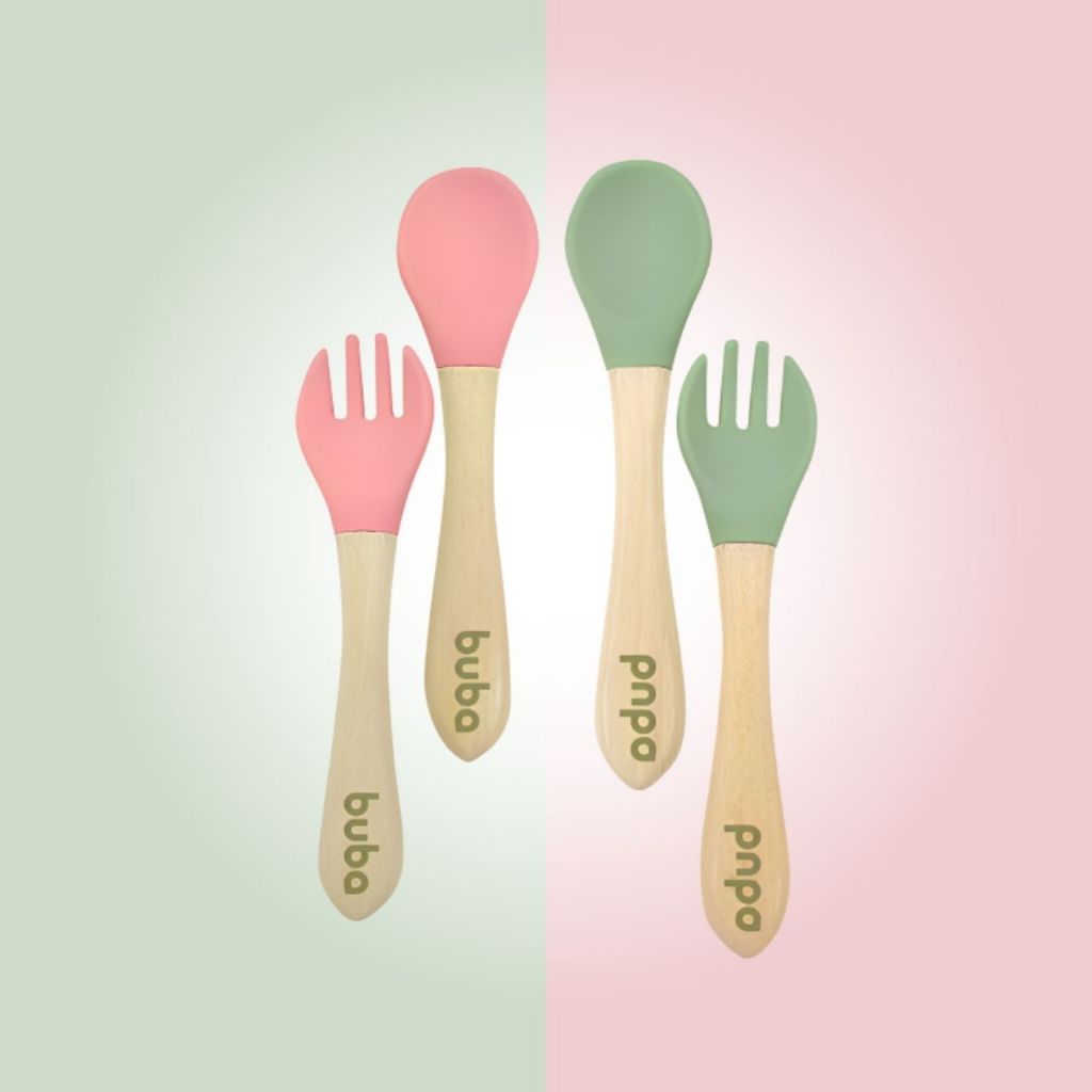 Kit Colher Garfo Silicone Bambu Talheres Infantis Bebê Introdução Alimentar Seguro Rosa ou Verde