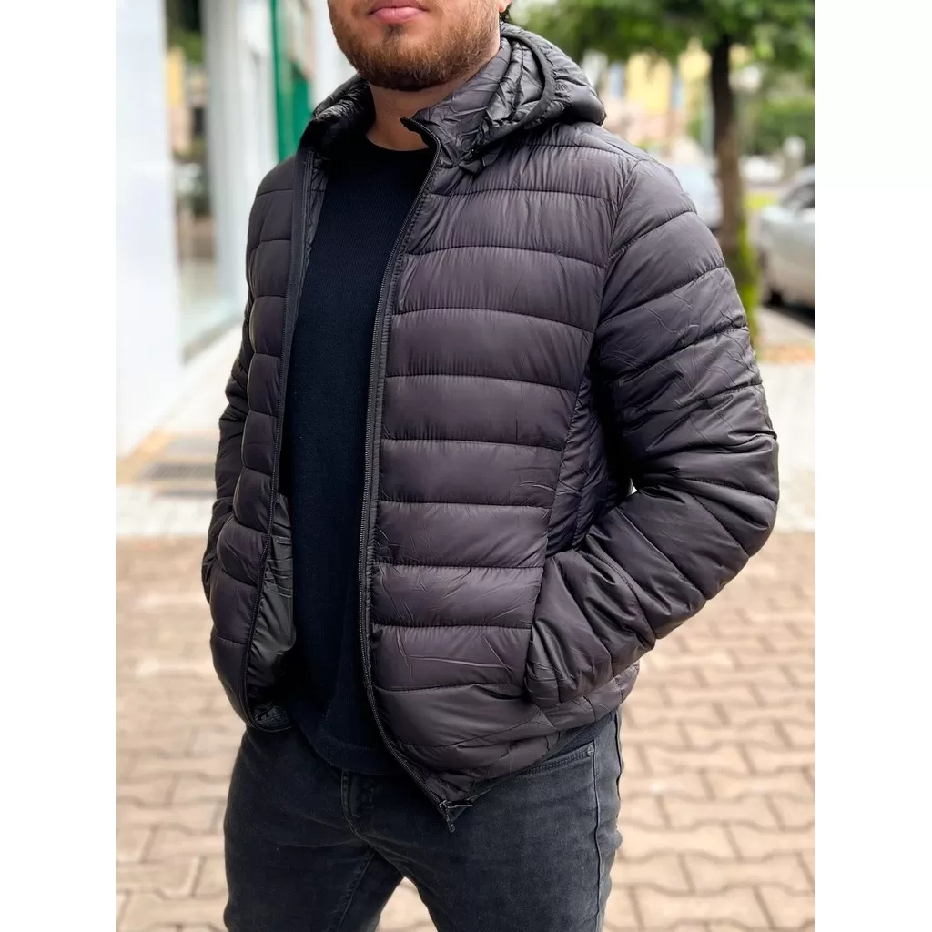 Jaqueta Masculina Puffer Bobojaco Acolchoada Com Capuz Removível Corta Vento Inverno Frio Reforçada
