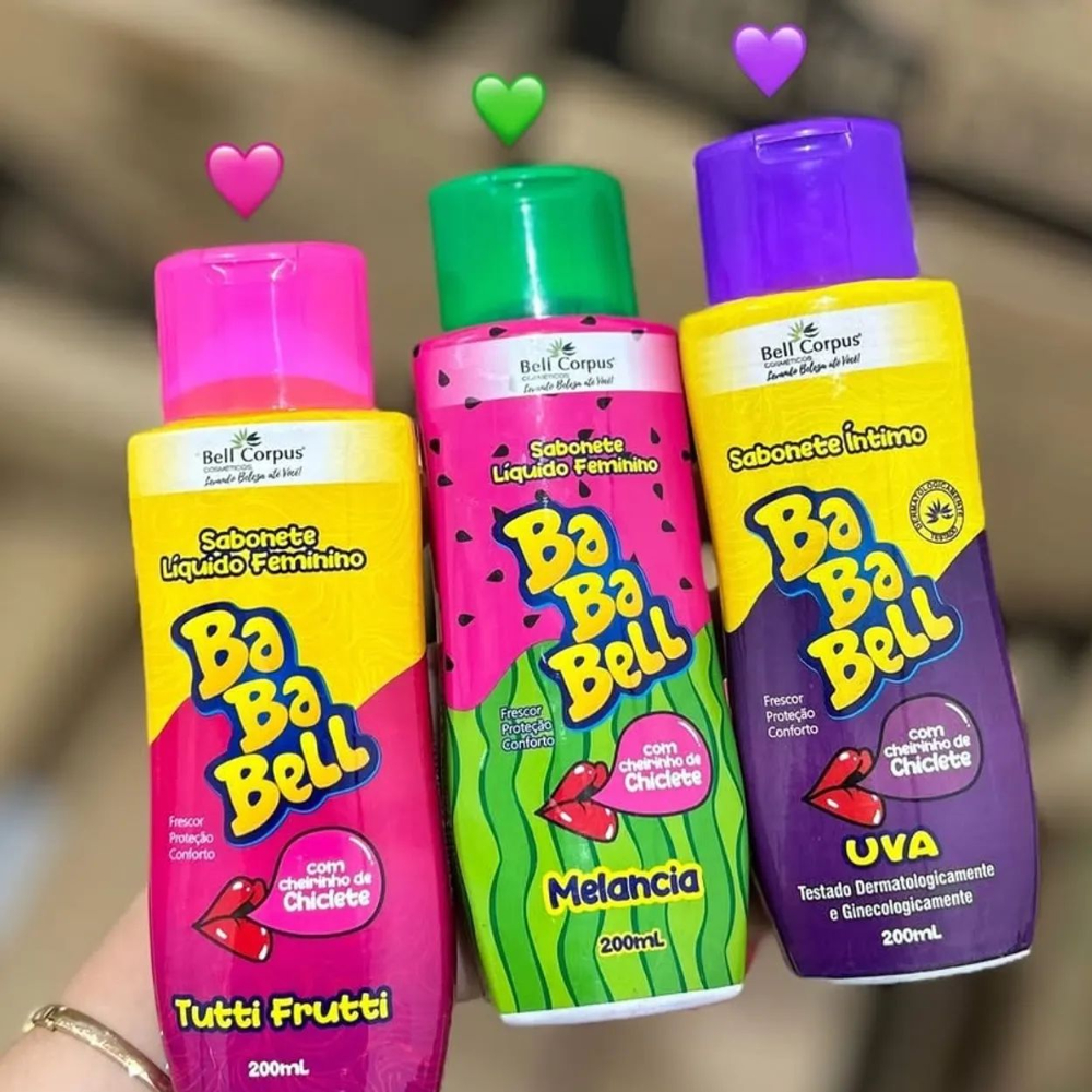 Kit 3 Sabonete Liquido Intimo Baba Bell Chiclete Tutti Frutti Uva e Melancia Higiene Íntima Cuidado