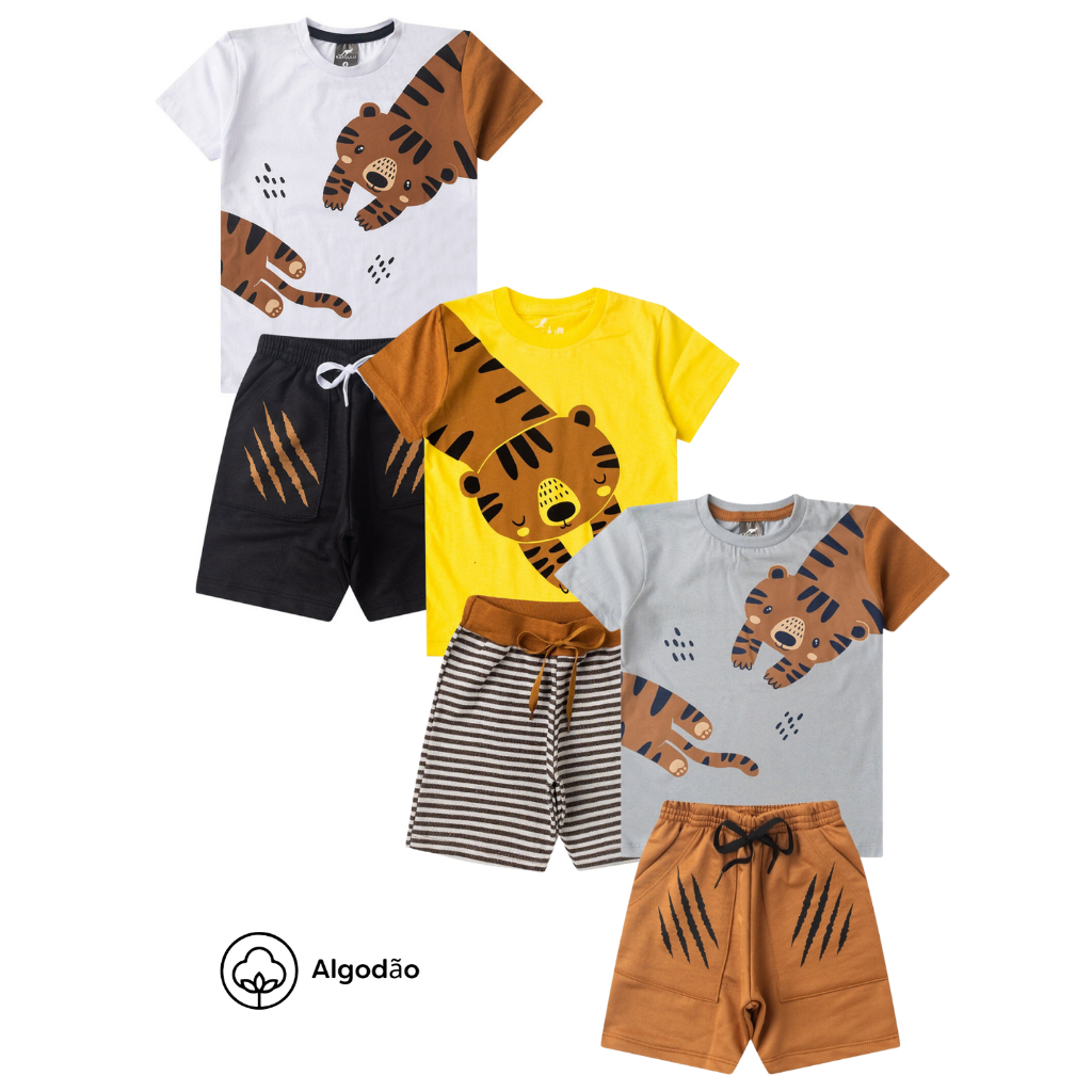 Kit 6 Pçs Conjunto Infantil Menino Tigrinho e Bichinhos Calor Verão Novidade Roupa Menino 1 a 6 anos