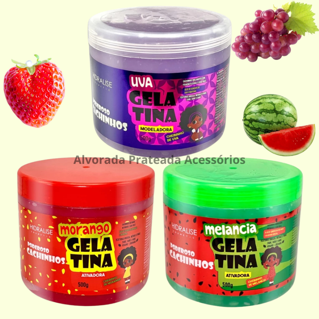 Gelatina Ativadora Kids 500g Poderosos Cachinhos Melancia Morango Uva Hidratação Nutricao Hidralise