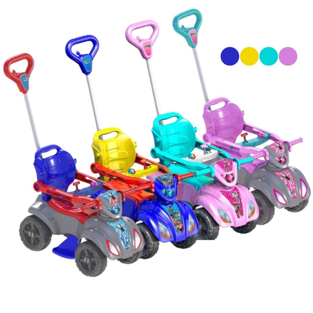 Carrinho de Passeio Quadriciclo Infantil Spider Aranha Dog Cachorro Kids Bebe Dia das Crianças Anive