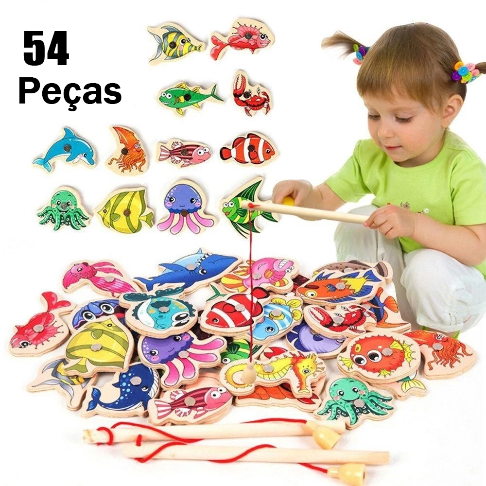 54/33PCs Pescaria magnética infantil Brinquedo pescaria de madeira  Jogo montessori Interativo Pai-F