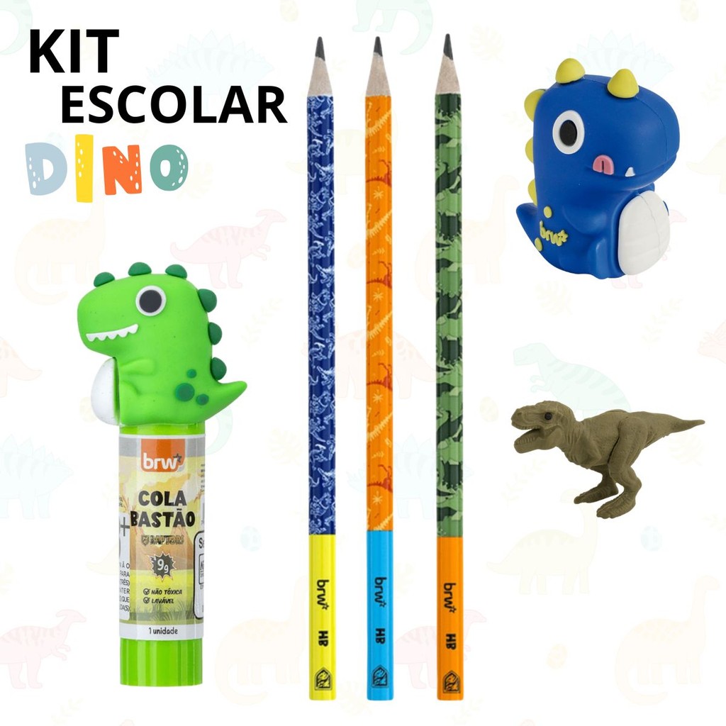 KIT ESCOLAR 6 PEÇAS TEMATICO DINOSSAURO LAPIS GRAFITE BORRACHA COLA EM BATSÃO E APONTADOR – BRW