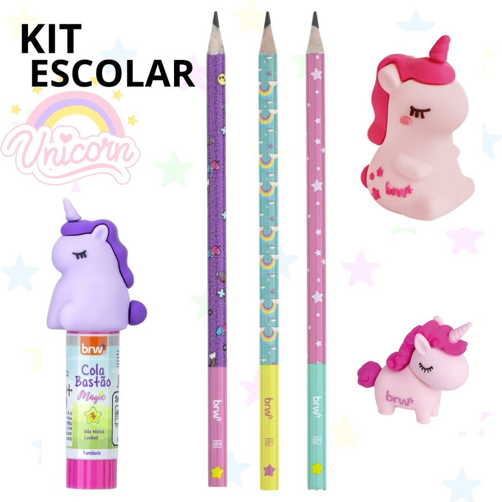 KIT ESCOLAR 6 PEÇAS TEMATICO UNICORNIO LAPIS GRAFITE BORRACHA COLA E APONTADOR – BRW