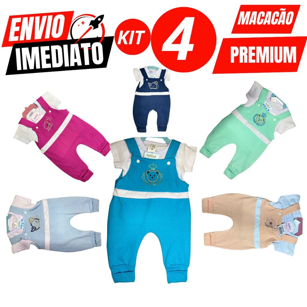 Kit 4 Conjunto Macacão Jardineira + Camiseta Infantil Bebe GR170