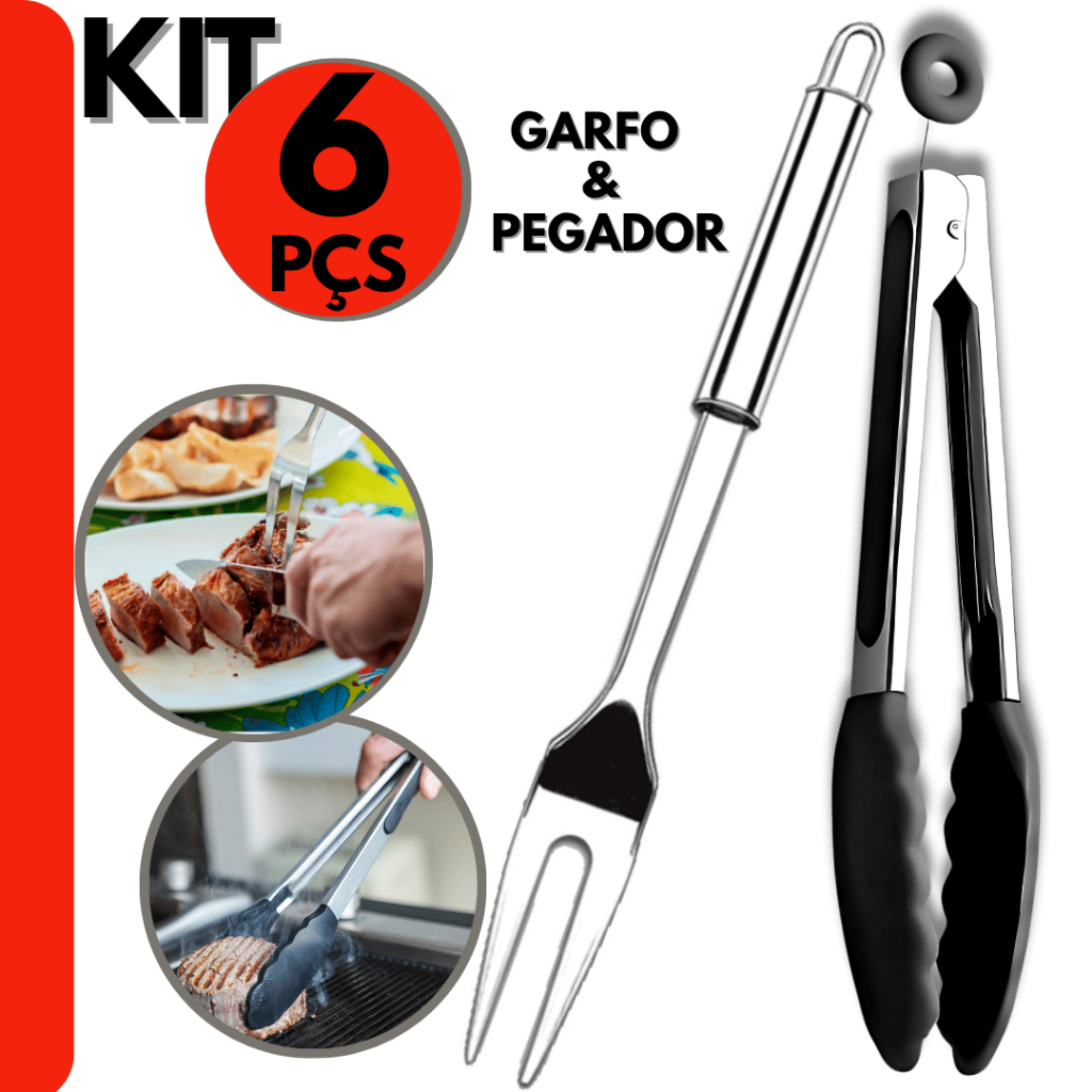 Kit 6 pçs Garfo Trinchante e Pegador de Silicone  Para Churrasco  e Saladas 100% Inox, Açougue, Cozi