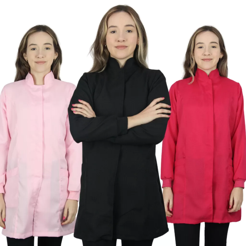 Jaleco Feminino Acinturado Gola Padre Preto Rosa Azul Rosa Bordo Verde