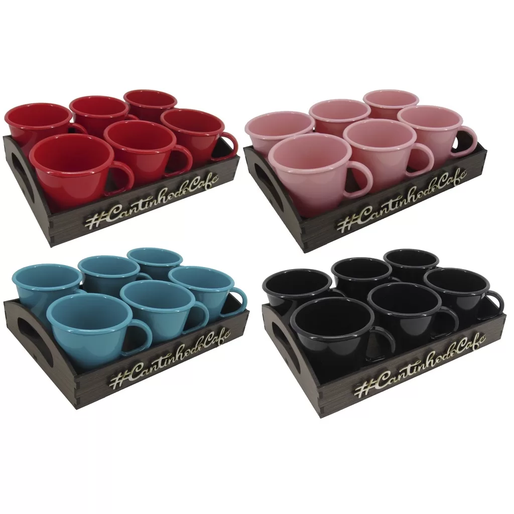 Kit Bandeja C/ 6 Xícaras Escolha a Cor Cantinho do Café, Chá