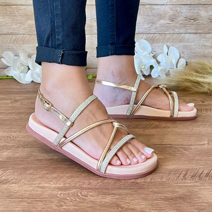 Papete Feminina Strass Sandália Feminina com Brilho Trazeiro de Fivela Chinelo Slide Confortável