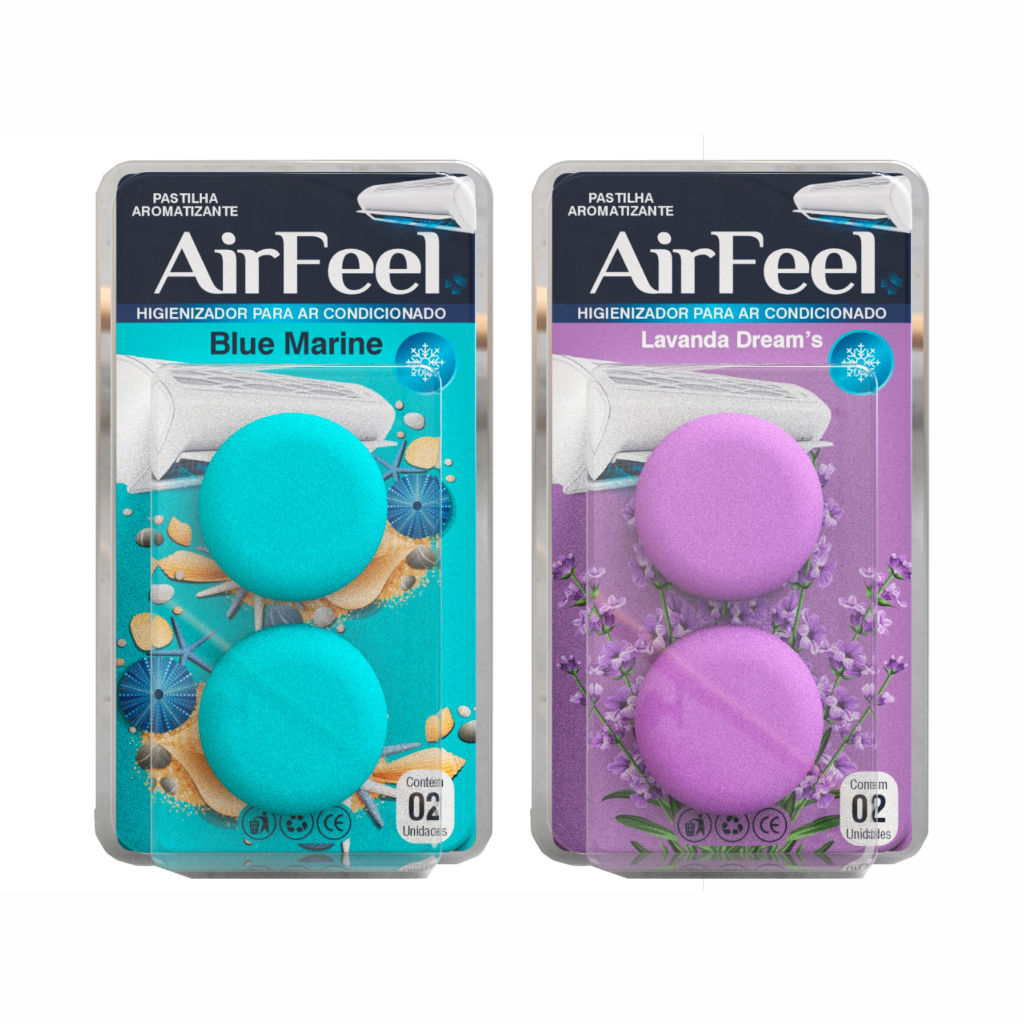 02 Kits c/ 02 Pastilhas Aromatizante Ar Condicionado Airfeel – Blue Marine + Lavanda Dreams