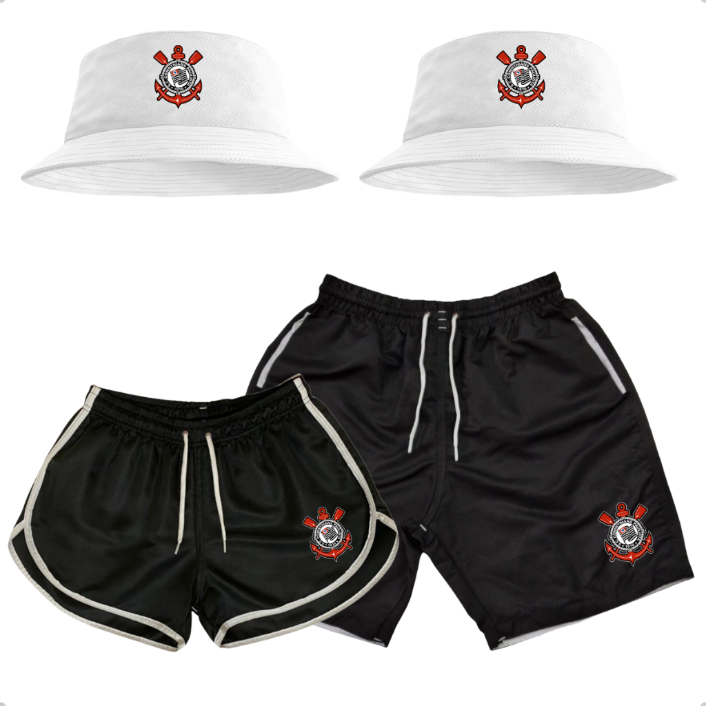 Conjunto Shorts Casal + Kit 2 Chapéu Bucket Hat Time Futebol Curta Carnaval Praia Piscina