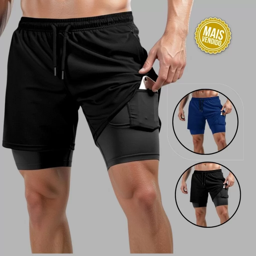 KIT 3 Shorts Masculino 2 em 1 Corrida Forrado de compreensão para Treinar