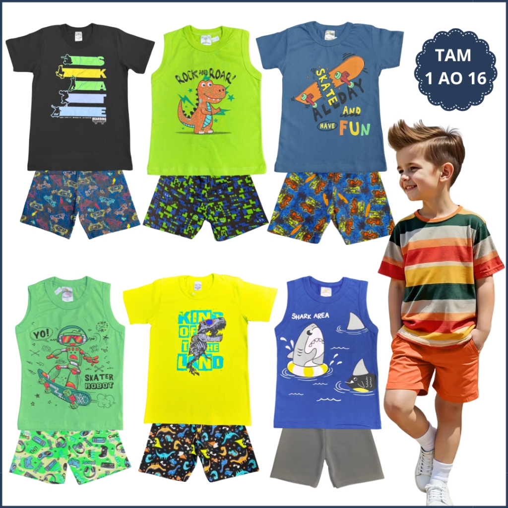 Kit 12 Peças Conjunto Menino Verão Conjunto Infantil Masculino Calor 6 Camiseta 6 Bermuda 1 a 16 ano