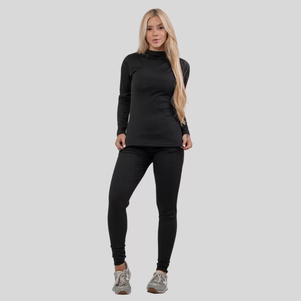Conjunto Feminino Canelado Inverno Comprido Manga Longa Calça Linha Noite