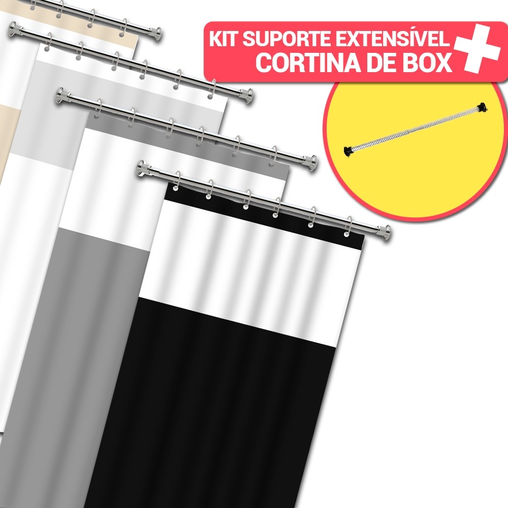 Kit Suporte Varão Bastão P/ Banheiro 90cm x 1,30m / 50cm x 90cm + 1 Cortina de Box c/ Visor Antimofo