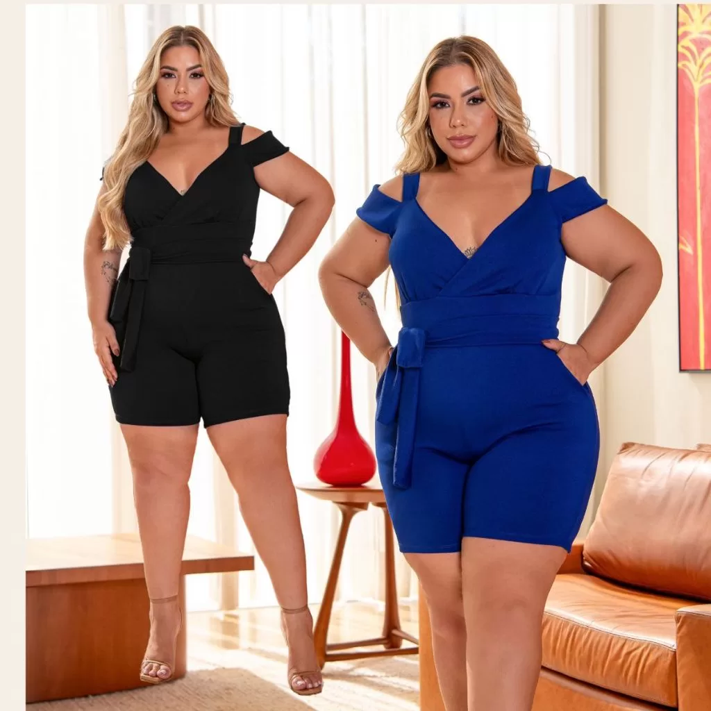 Macaquinho Feminino Plus Size Macacão Curto Tecido Crepe de Malha Premium Premier Curve Modelador 44