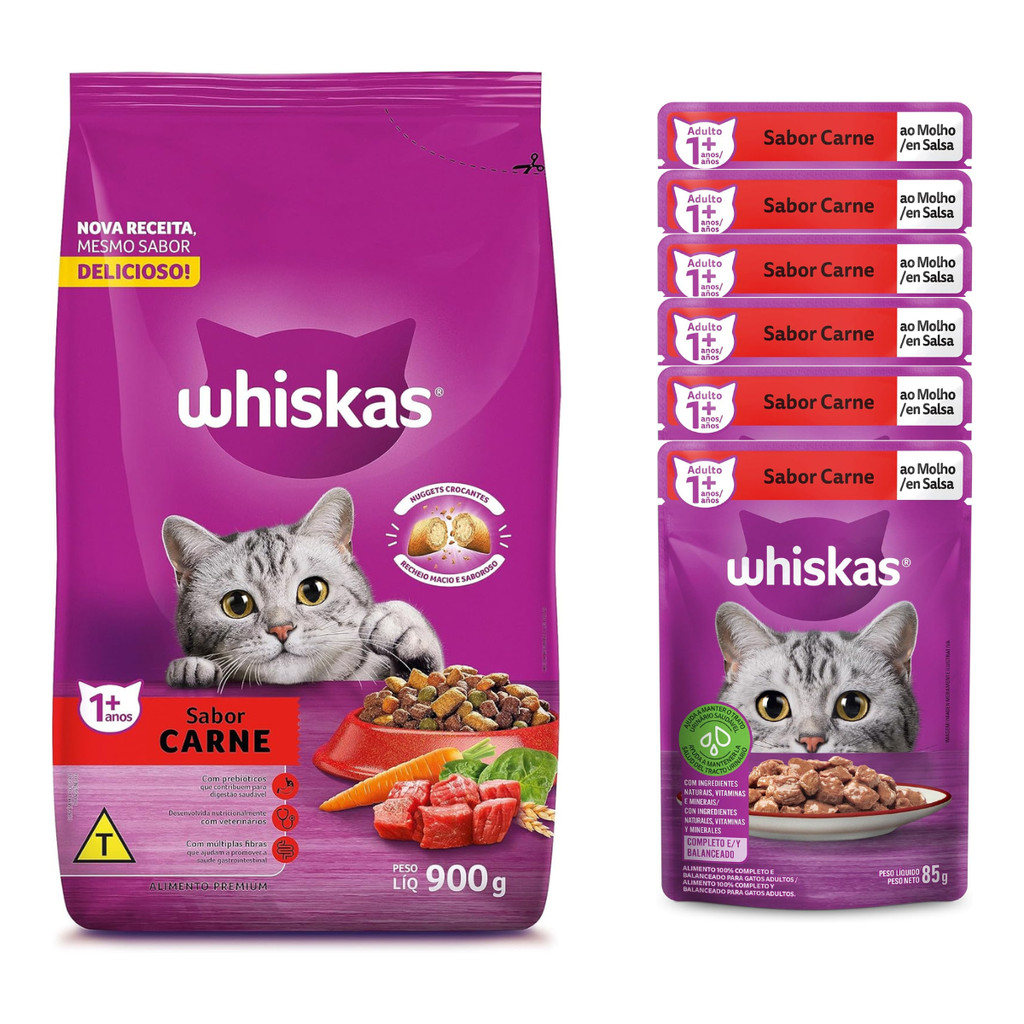 Ração para Gatos Whiskas Carne 900g Adulto + 6 Sachês