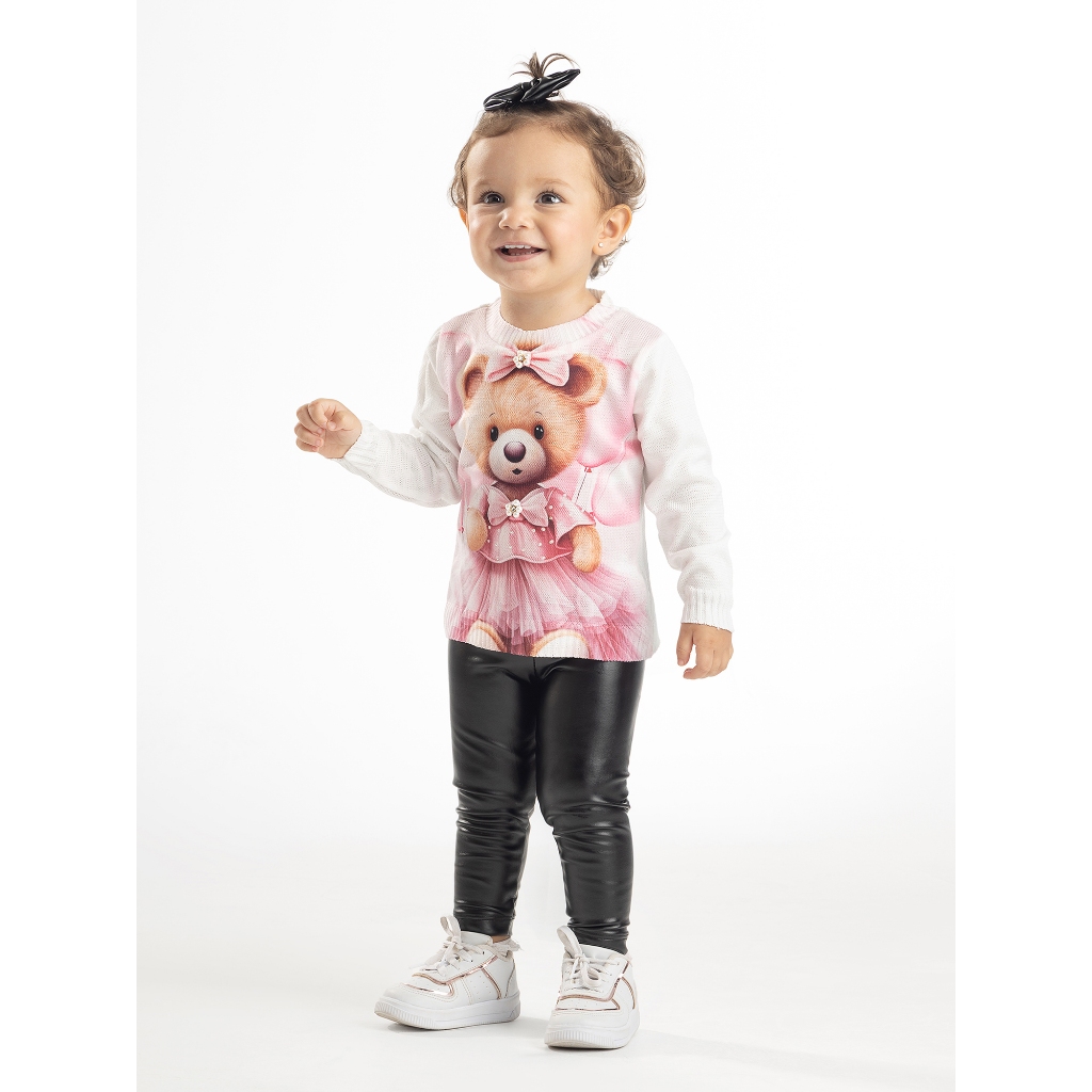 Suéter Blusa Tricô Infantil Menina com Urso, Pérolas e Strass  Bordado à Mão | Inverno