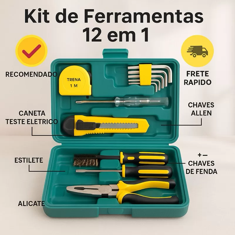 Kit de Ferramentas 12 Peças com Maleta Portátil Jogo Completo p/ Manutenção Residencial e Automotiva