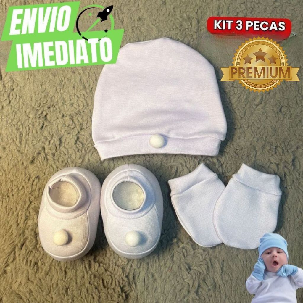 Kit 3 Peças Touca Luva Sapatinho Bebê Recém Nascido Enxoval Maternidade Menina Menino