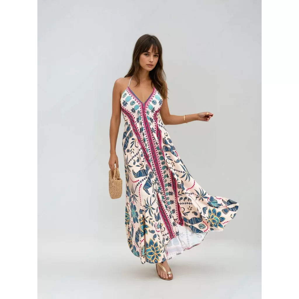 Vestido Longo Estampado Fluity | Alças Finas | Estilo Praia Chic – Vestido Indiano – Inspirado Farm