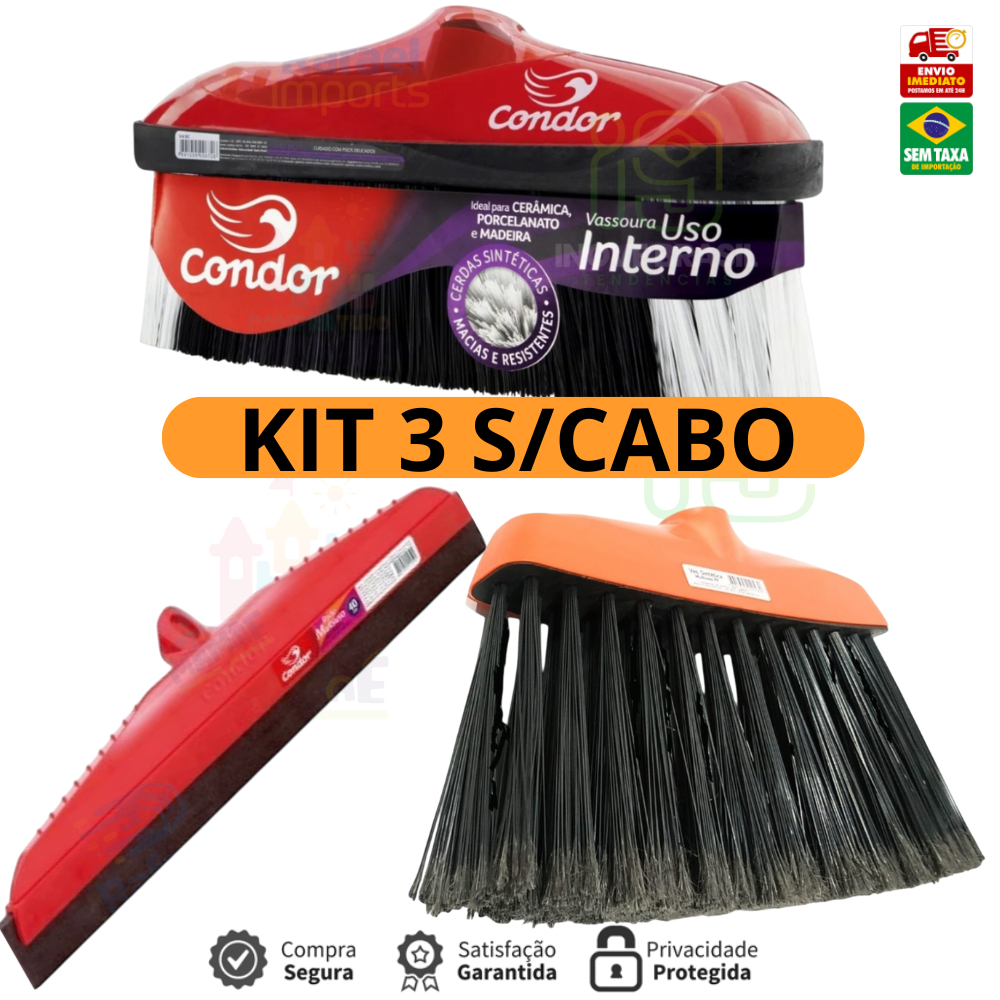 Kit Vassoura Limpeza Domestica Condor Uso Interno Cozinha Sala Casa Area Sem Cabo V9SC