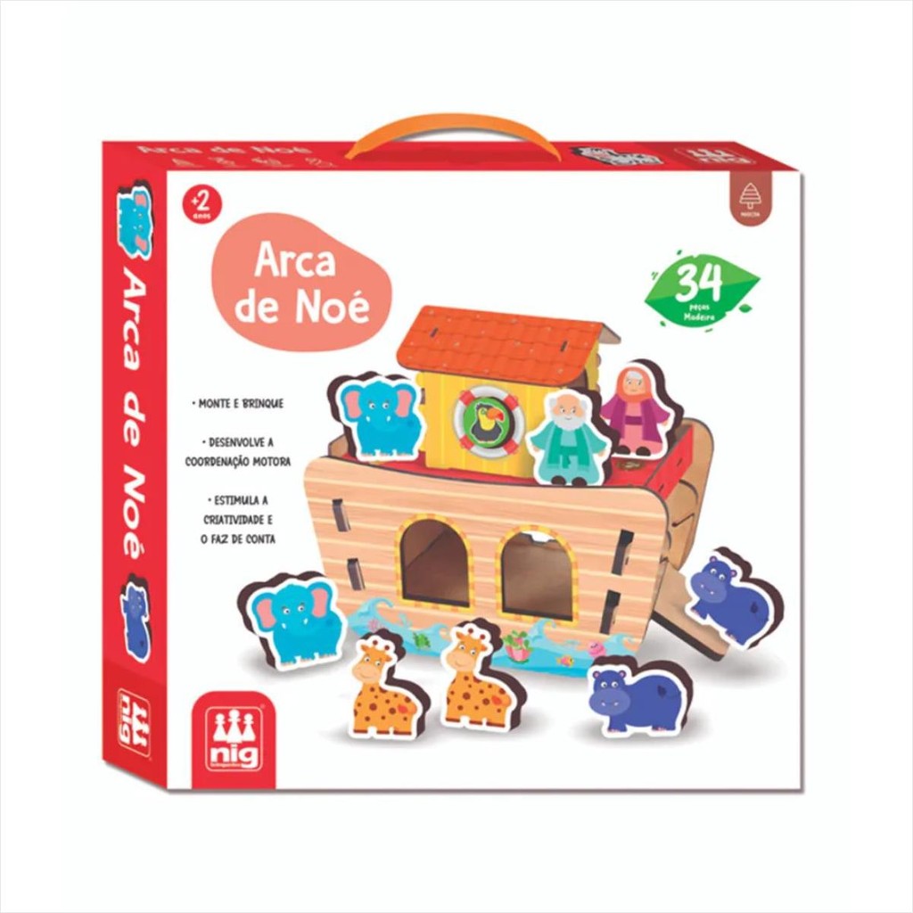 Brinquedo Educativo Arca de Noé 3D NIG  34 Peças, Animais e Noé