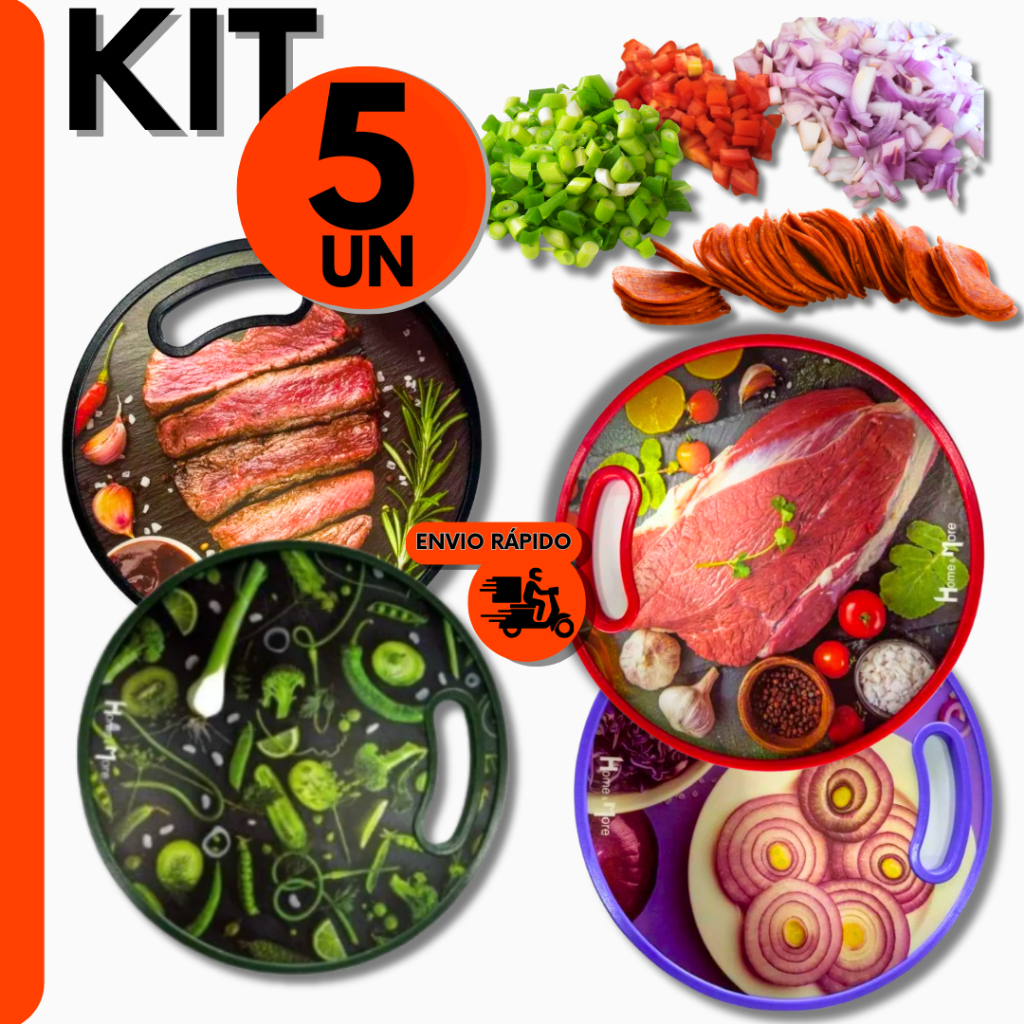 Kit  5 Tábuas Redonda Corte 30cm Profissional Carnes Frutas Verduras Chef p/ Cozinha, Restaurante e