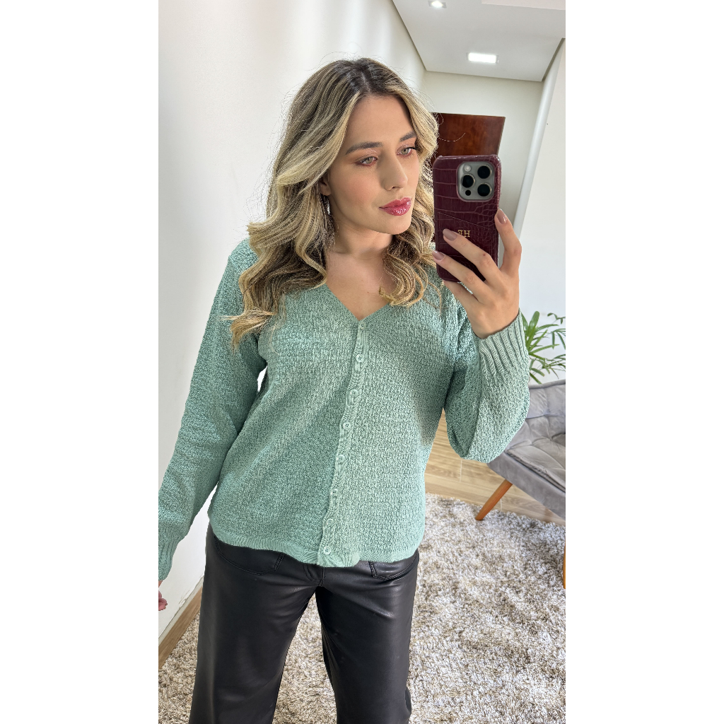 Blusa Feminina de Tricô inverno Casaco Cardigan manga longa decot v